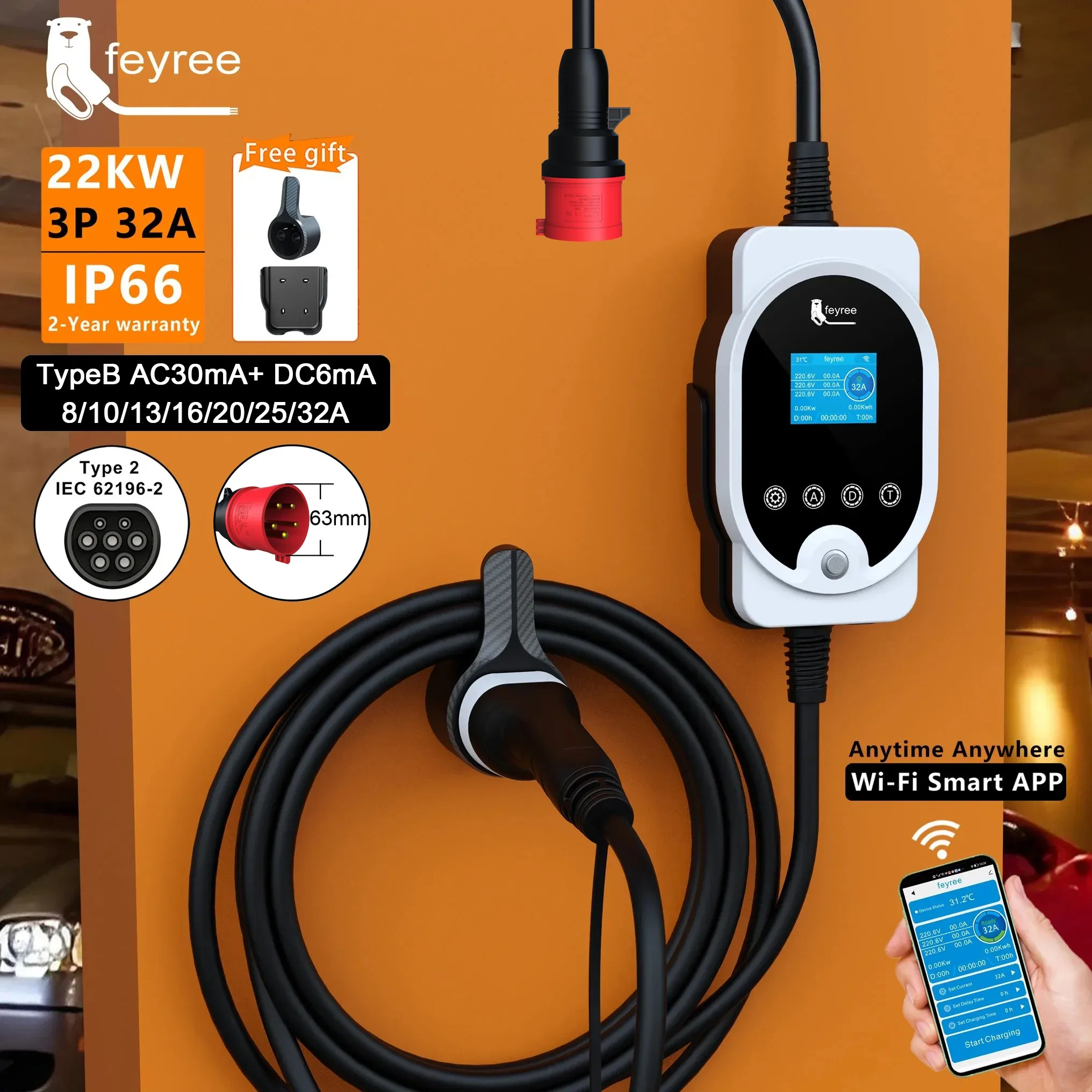 Feyree 22KW Type2 Cable EVSE W - Portable Ev Charger ulasan dan harga