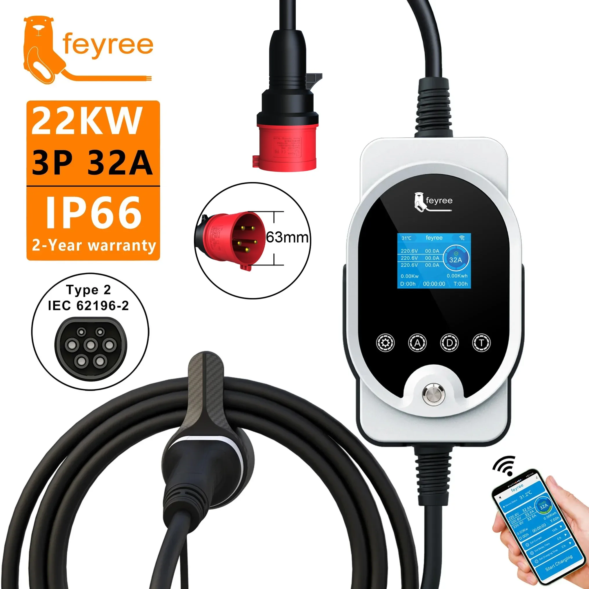 Feyree 22KW Type2 Cable EVSE W - Portable Ev Charger ulasan dan harga